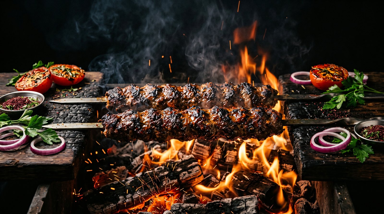 Beef lule kebab, charred over flame